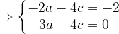 \dpi{120} \Rightarrow \left\{\begin{matrix} -2a -4c = -2 \\ 3a + 4c = 0 \end{matrix}\right.